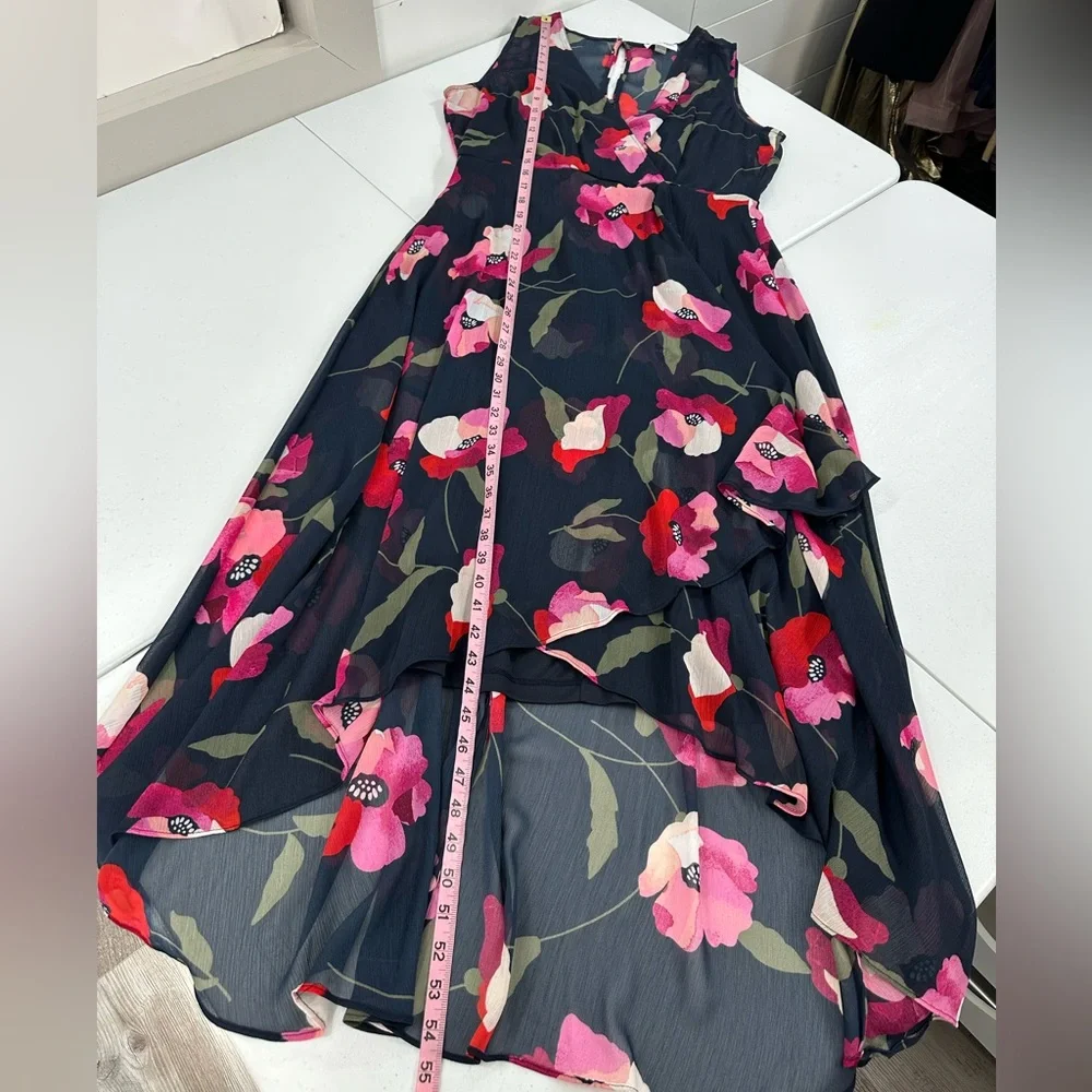 Calvin Klein Floral Sleeveless Chiffon High-Low Dress Navy Pink Red Elegant 12 - Picture 7 of 12